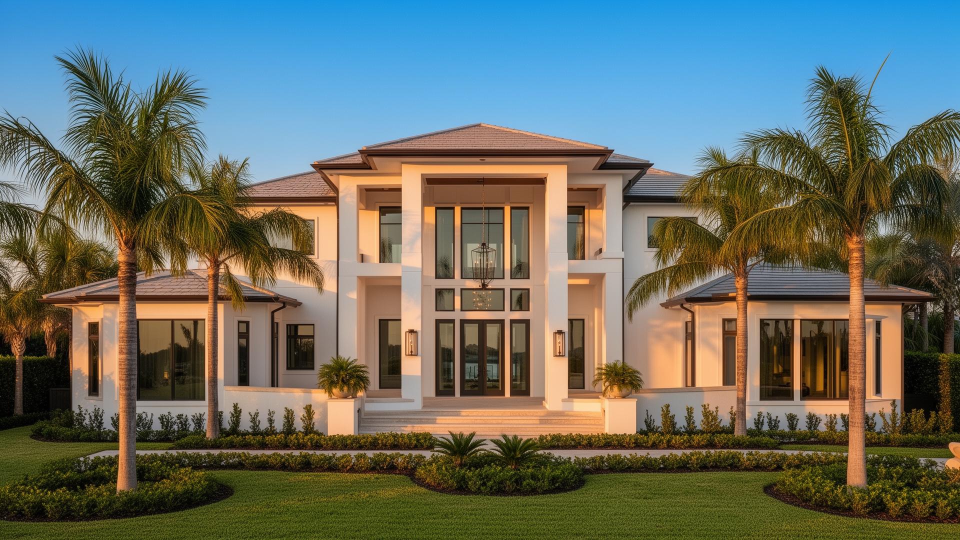 Florida coastal new construction home at golden hour with palm trees